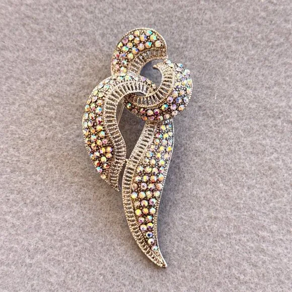 Brooch Ribbon Aurora Borealis Rhinestones Silver Tone Heavy Bling Sparkle - Picture 4 of 7